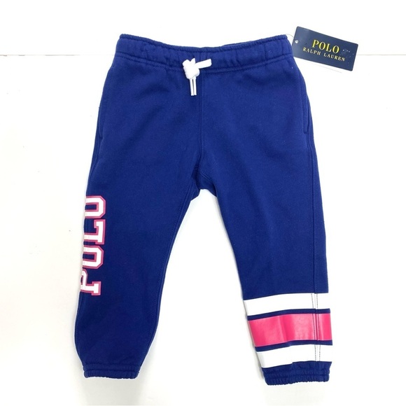 POLO Ralph Lauren Spell Out Logo Fleece Joggers Pants in Blue Size 2 Brand New - Picture 2 of 5